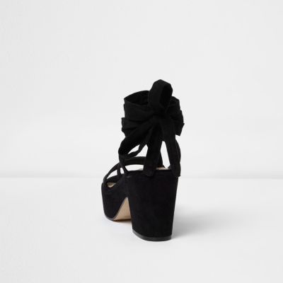 Black soft tie platform mid heel sandals